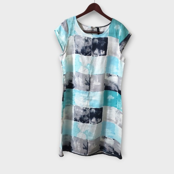 Foil Dresses & Skirts - FOIL 100% Linen Abstract Block Print Shift Dress Blue Pom Pom Hem Sz 14